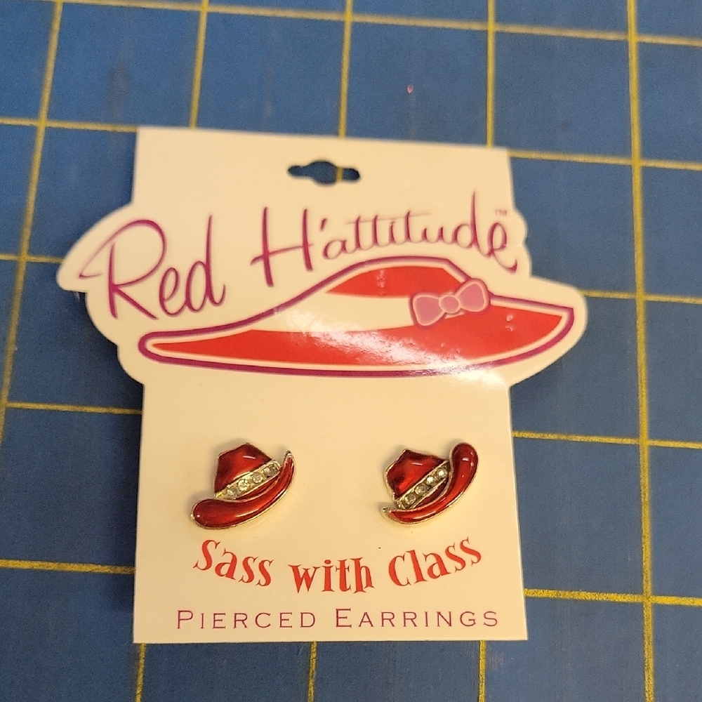 Red H'attitude Hat Pierced Earrings Sass w Class New